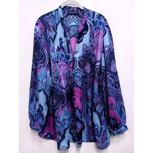 Jones New York Signature Top Womens 1X Blue Purple Paisley BOHO Long Sleeve